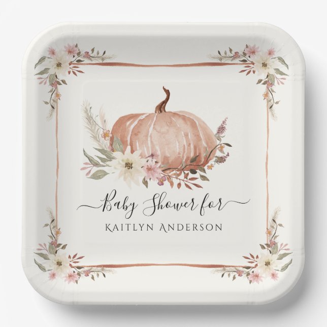 Floral Botanical Fall Pumpkin Baby Girl Shower Paper Plate (Front)