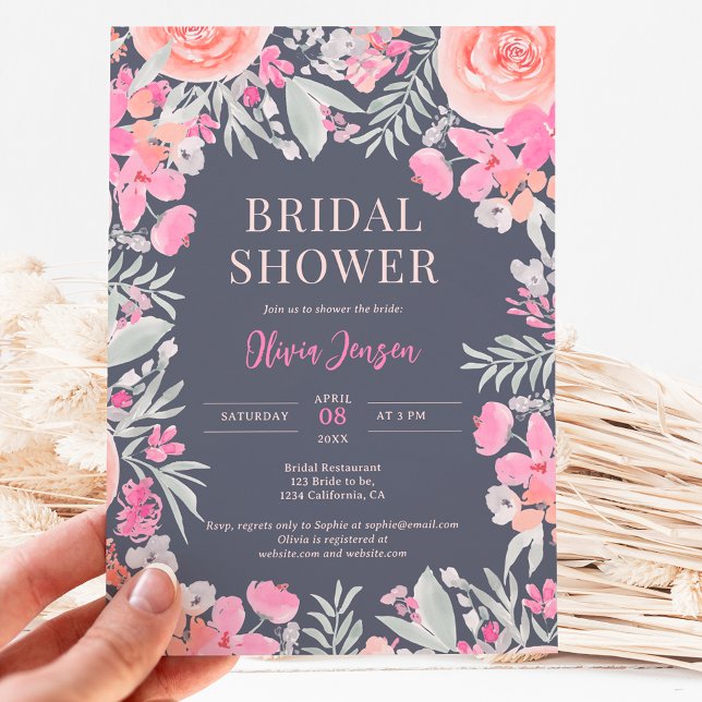Floral botanical garden pink peach bridal shower invitation (Creator Uploaded)