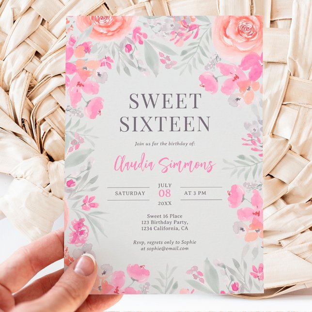 Floral botanical garden pink peach sweet 16 invitation (Creator Uploaded)