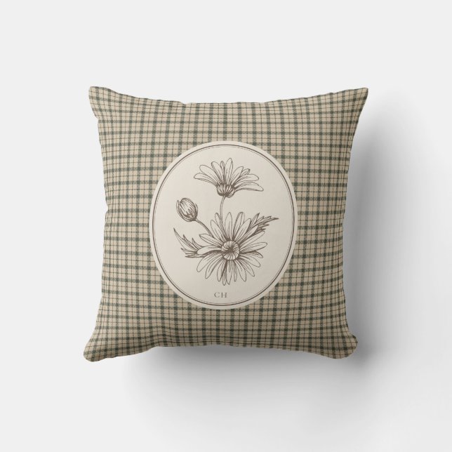 Floral Botanical Gingham Vintage Monogram Cushion (Back)