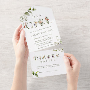 Floral Botanical Girl Baby Shower Diaper Raffle All In One Invitation