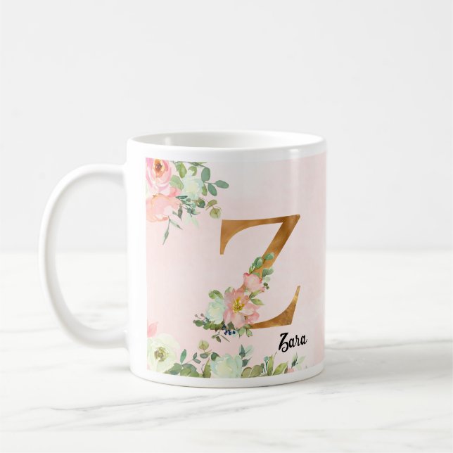 Floral Botanical Gold Initial Letter Z Coffee Mug (Left)