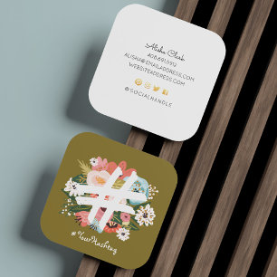Floral Botanical Hashtag Olive Green Social Media Square Business Card