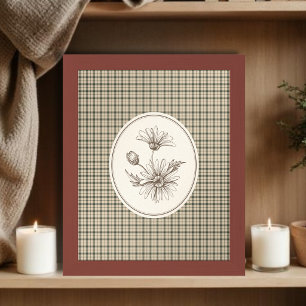 Floral Botanical Illustration Gingham Vintage Poster
