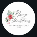 Floral botanical merry christmas sticker<br><div class="desc">This sticker has a wonderful hand drawn botanical winter flowers and red script. The text details can be personalised for colour,  font and placement.</div>