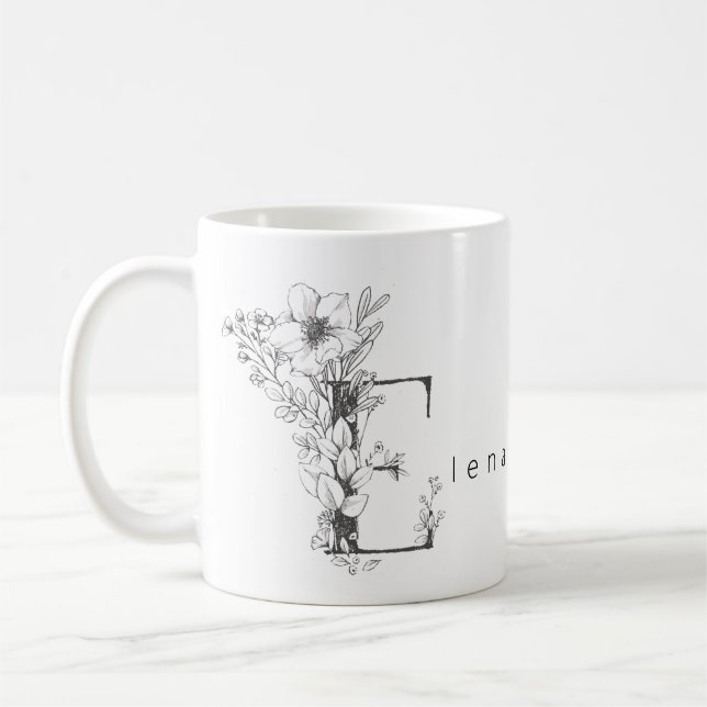 Floral Botanical Monogram "E" Custom Text Elegant Coffee Mug (Left)