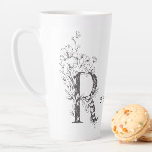 Floral Botanical Monogram "R" Custom Text Elegant Latte Mug