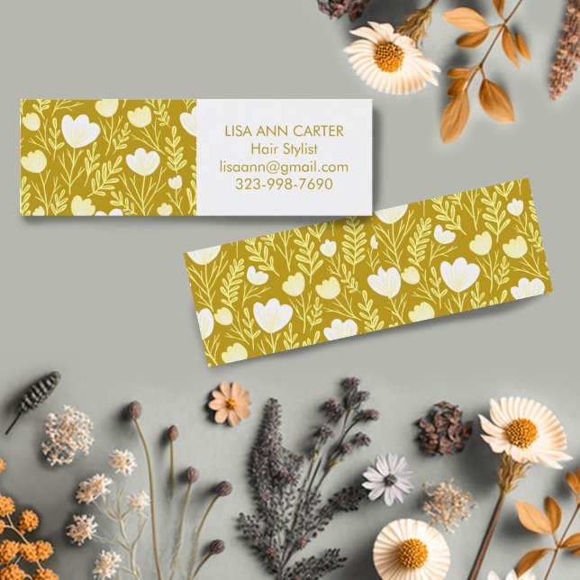 Floral Botanical Pattern Golden Neutrals Mini Business Card (Mustard yellow floral mini business cards, customize with your own details.)