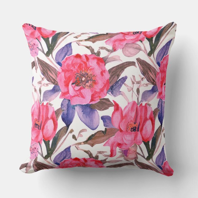 Floral botanical pink and purple pattern cushion (Front)