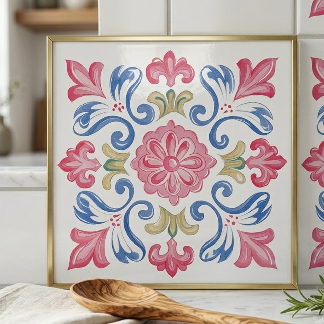 Floral Botanical Pink Blue Green Tile (Floral Botanical Pink Blue Green Ceramic Tile)
