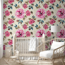 Floral Botanical Pink Flowers and Green Leaves