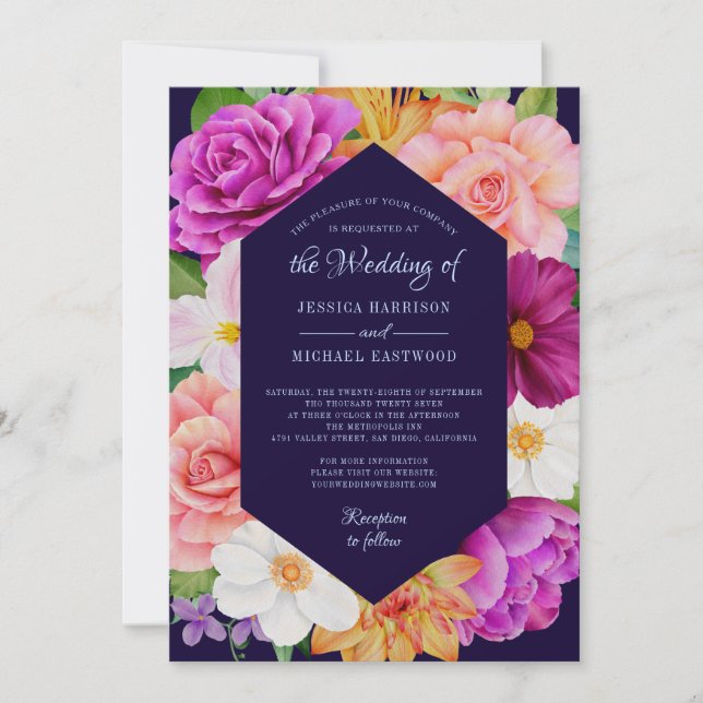 Floral Botanical Purple Pink Deep Blue Wedding Invitation (Front)