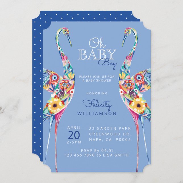 Floral Botanical Stork Baby Boy Shower Invitation (Front/Back)