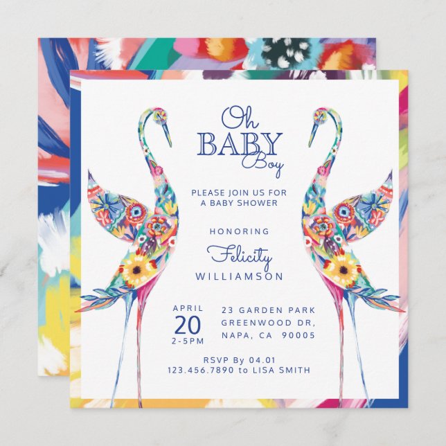 Floral Botanical Stork Baby Boy Shower Invitation (Front/Back)