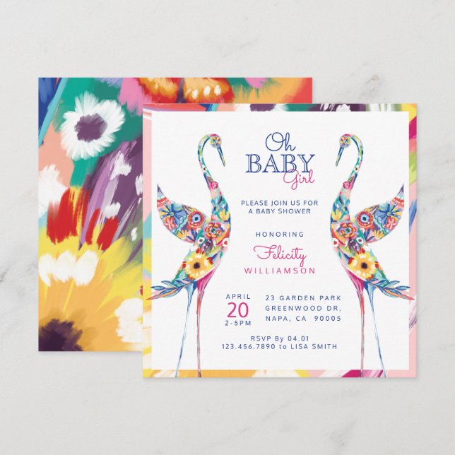 Floral Botanical Stork Baby Girl Shower Invitation (Front/Back)