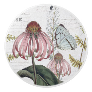 Floral Botanical Vintage Butterfly Cottage Ivory 2 Ceramic Knob