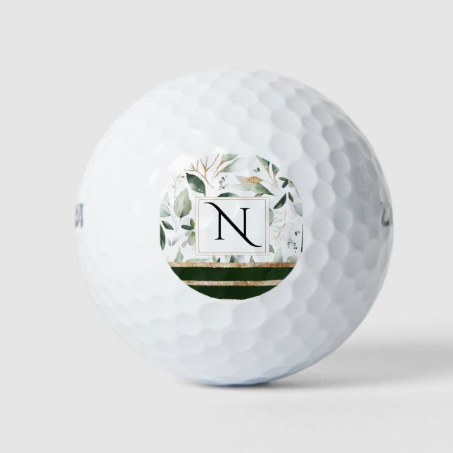 Floral Botanical Watercolor Gold Glitter Monogram Golf Balls (Front)