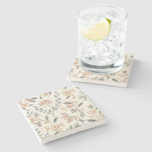 Floral Botanical Watercolor Leaves Beige Painted Stone Coaster