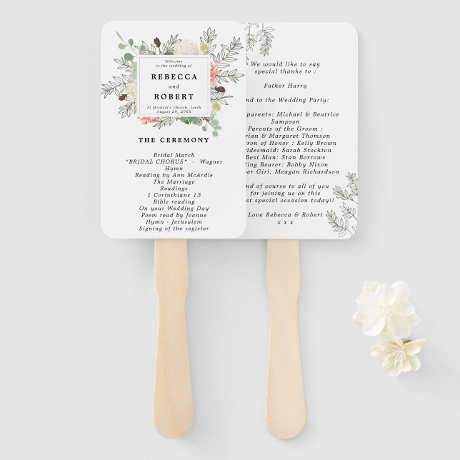 floral botanical wedding program fans (Front and Back)