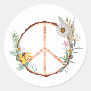Floral Botanical Wooden Peace Sign Classic Round Sticker