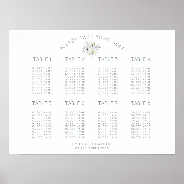 Floral Bouquet 8 Tables 80 Square Seating Chart (Front)
