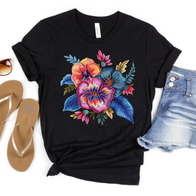 Floral Bouquet Faux Embroidery Yarn Design T-Shirt (Bright Florals Faux Yarn Embroidery Flowers on this Women's T-shirt. Available in many styles, color)