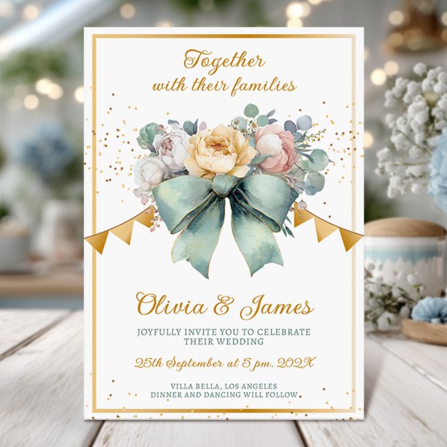 Floral Bouquet Green bow Gold Wedding Invitation (Creator Uploaded)