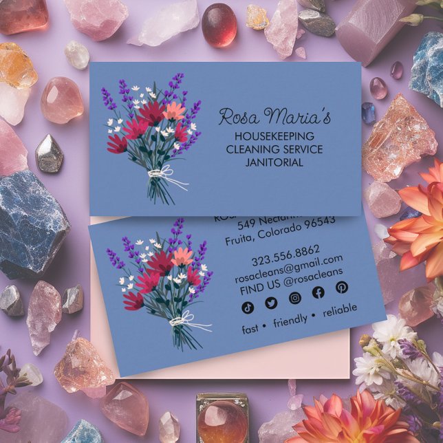 Floral Bouquet House Cleaning Service Social Icons Business Card (Pretty wildflower bouquet art on custom business cards with social media icons)