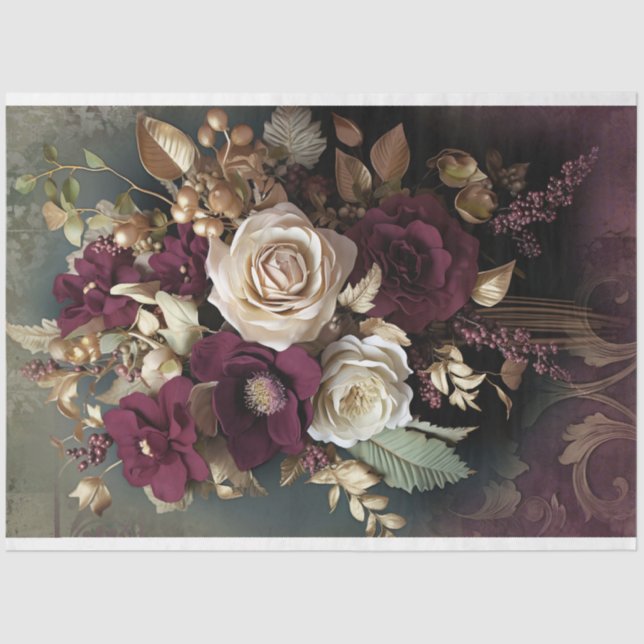 Floral Bouquet, maroon red, green and gold Tissue Paper (Front)