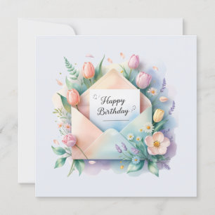 Floral bouquet of tulips. Happy birthday card