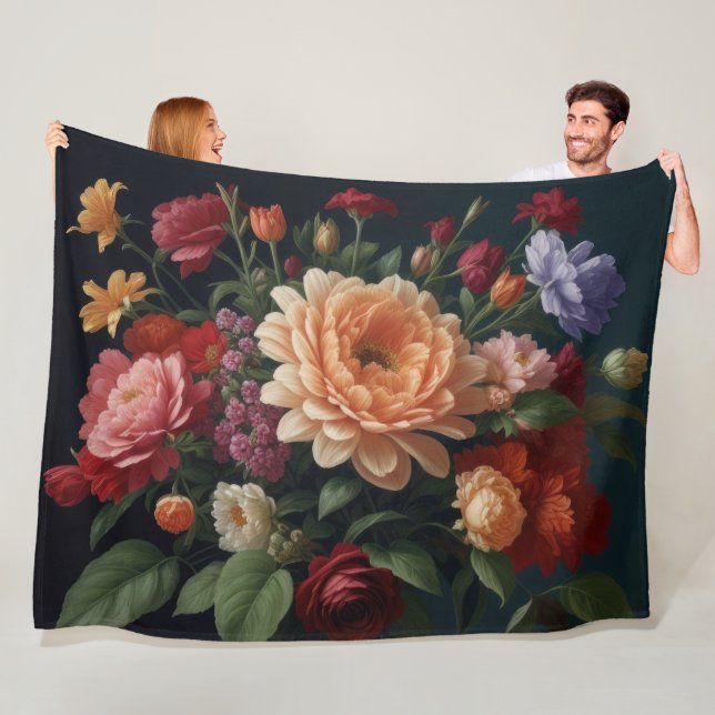 Floral Bouquet Painting on Dark Background Fleece Blanket (In Situ)