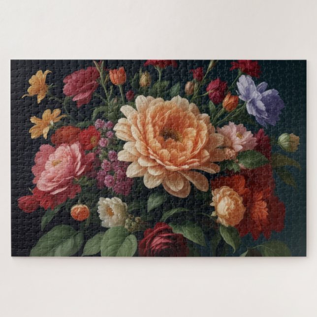 Floral Bouquet Painting on Dark Background Jigsaw Puzzle (Horizontal)