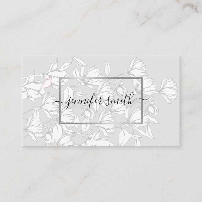Floral Bouquet Pattern Simple Silver Grey Elegant Business Card (Front)