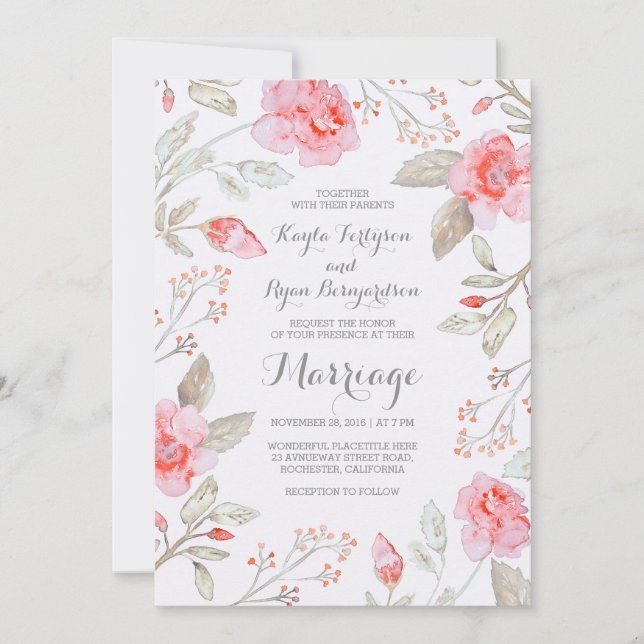 Floral Bouquet - Pink Elegant Watercolor Wedding Invitation (Front)