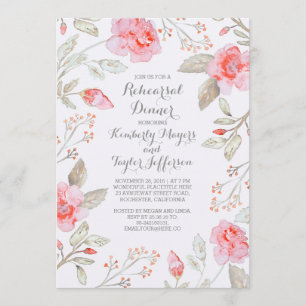 Floral Bouquet Pink Roses Wreath Rehearsal Dinner Invitation