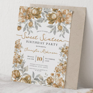 Floral Bouquet Sweet 16 Birthday Gold Invitation