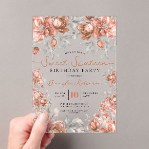 Floral Bouquet Sweet 16 Birthday Rose Gold Acrylic Invitations