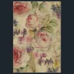 Floral Bouquet Vintage Script Ephemera Decoupage 3 Tissue Paper<br><div class="desc">image 3 of 3 in a continuous image for large area coverage. There is some overlap. An elegant, vintage collage made from an antique painting of beautiful warn autumn blush pink and coral roses with muted foliage and pretty dusty purple violets and yellow blossoms. The background is a faded mint...</div>