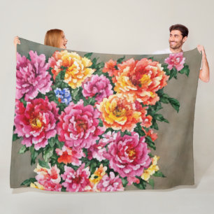 Floral Bouquet Watercolor Peonies on Tan Fleece Blanket