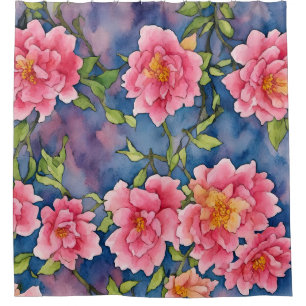 Floral Bouquet Watercolor Pink Peonies on Blue Shower Curtain