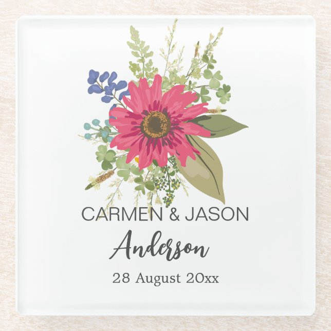 Floral Bouquet Wedding Custom Name Glass Coaster (Front)