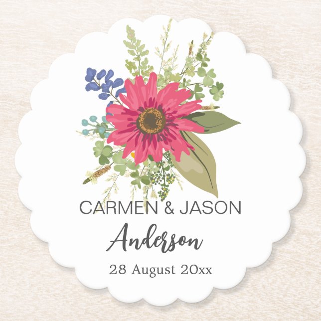  Floral Bouquet Wedding Custom Name Paper Coaster (Front)