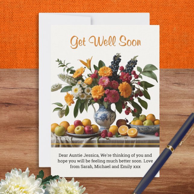 Floral Bouquet with Fruit Get Well Soon Card (A card with 'Get Well Soon' message and picture of a beautiful vase of flowers with fresh fruits)