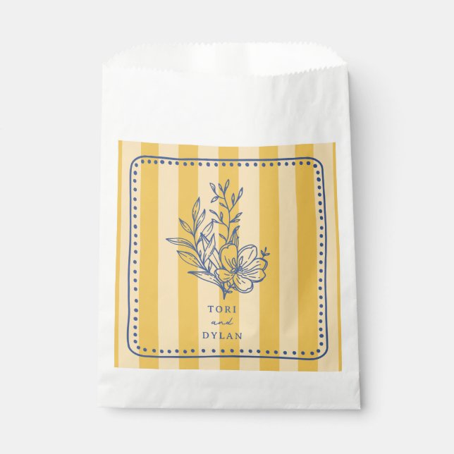 Floral Bouquet Yellow Stripe Wedding Favour Bags (Front)