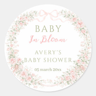 Floral Bow Baby in Bloom Girl Baby Shower Classic Round Sticker