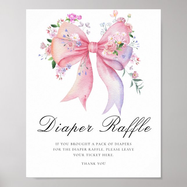 Floral Bow Baby shower - diaper raffle poster (Front)