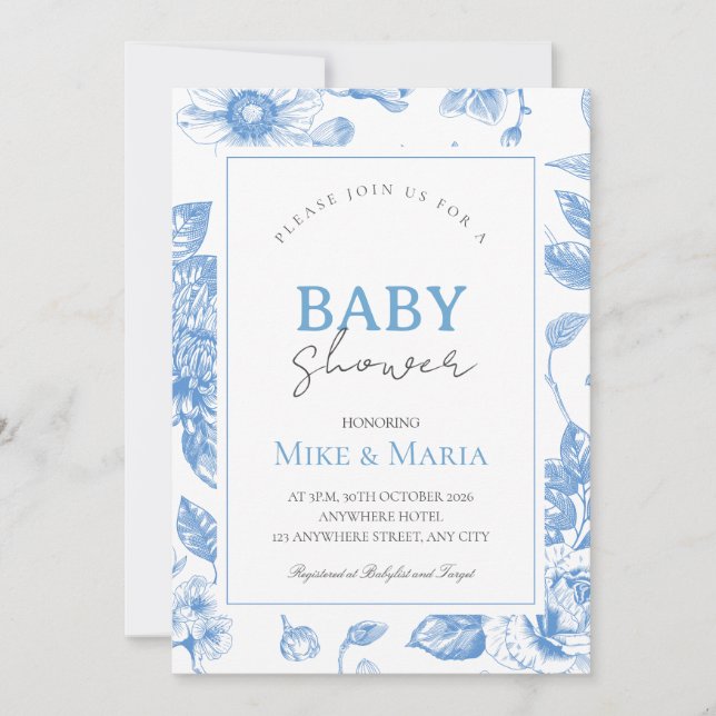 Floral bow boy baby shower invitation (Front)