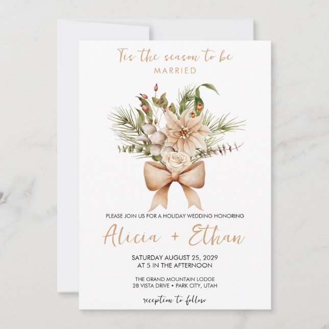 Floral bow christmas wedding invitation (Front)