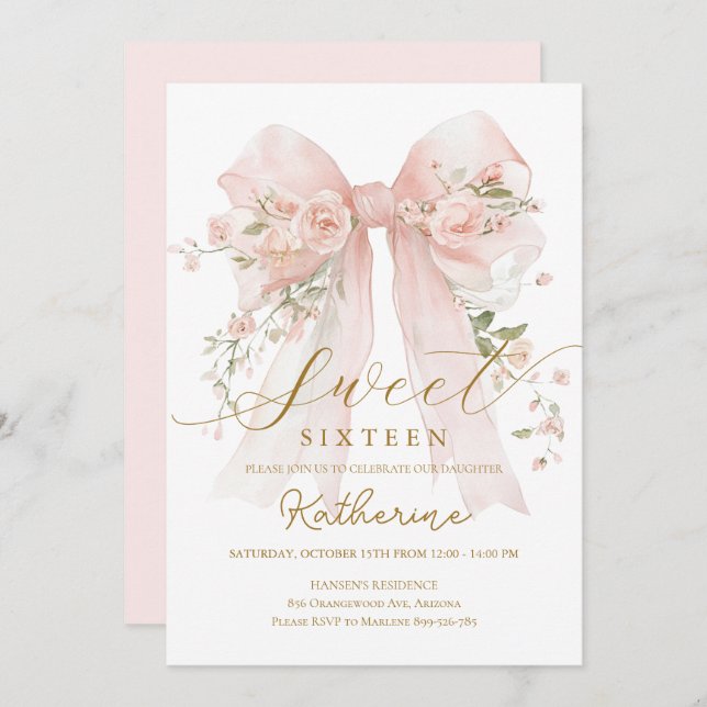 Floral Bow Coquette Sweet Sixteen Invitation (Front/Back)