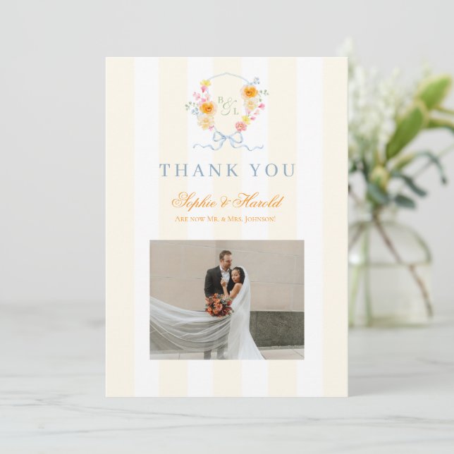 Floral Bow Crest Monogram Spring Wedding Thank You Card (Standing Front)